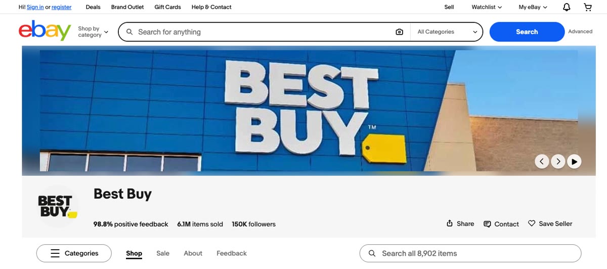 Best Buy's official eBay storefront: 98.8% positive feedback, 6.1M items sold, 150K followers