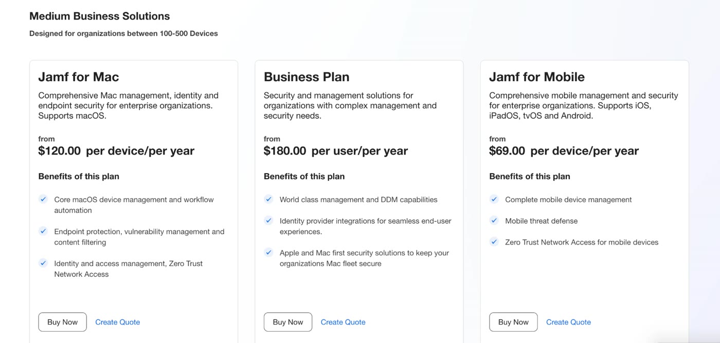 Jamf's online store: three plans with prices and a Buy Now button on each