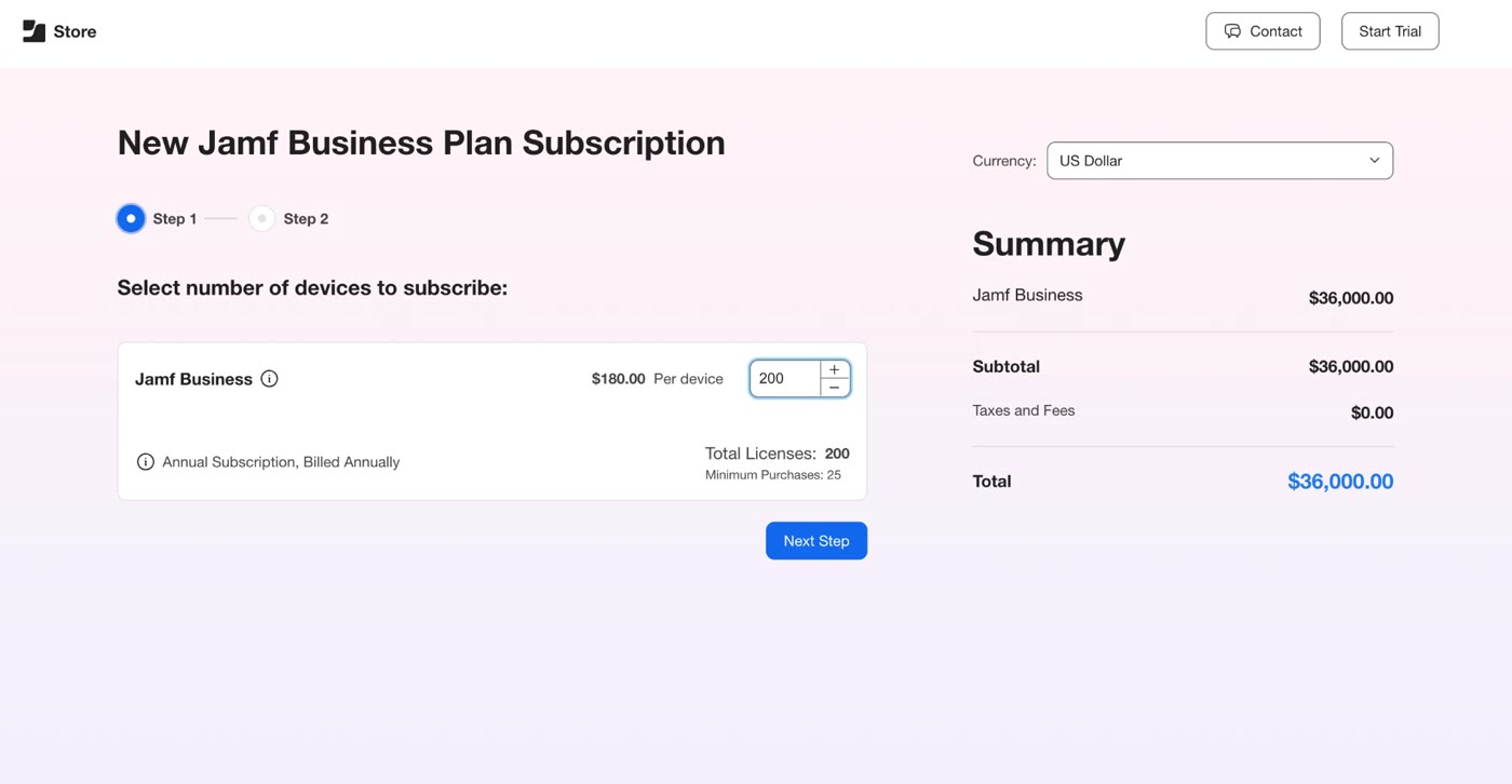 Jamf's checkout flow: choose the number of devices and see an instant subscription summary
