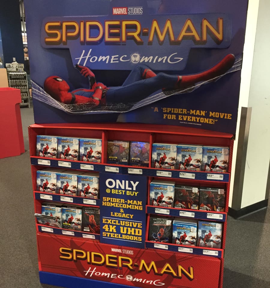 Best Buy in-store display for Spider-Man: Homecoming, with an Only at Best Buy exclusive 4K steelbook shelf